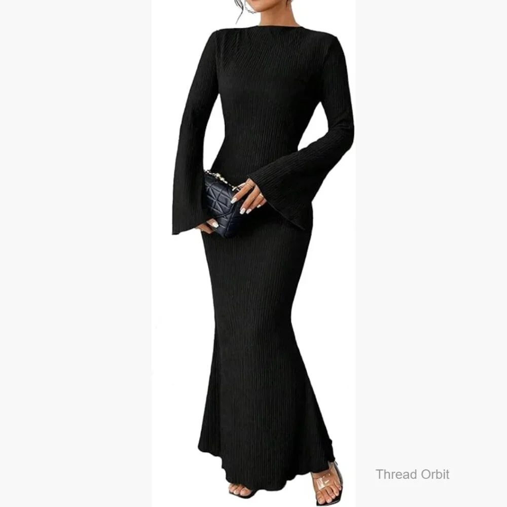 Maxi Dress with Flare Sleeves Mermaid Hem Bodycon Fit High Waist